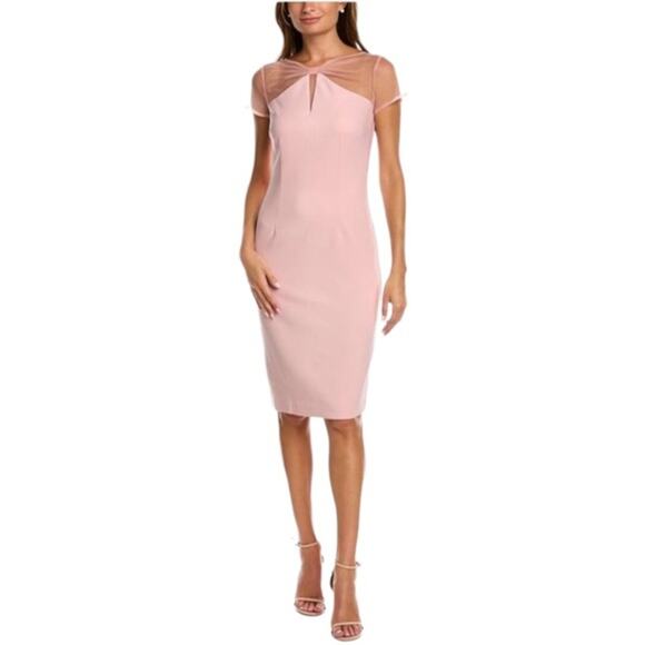JS Collections Karina Blush Bow Illusion Mesh Sheath Dress 14 NWT - Picture 1 of 11